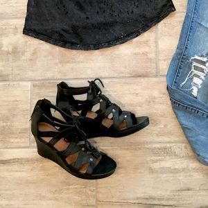 Black Strapped Wedge Sandals